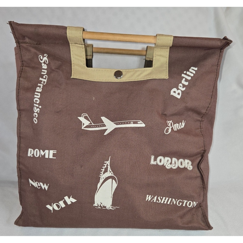Knitting Crochet Tote Bag w/ Needle Hook Slot Vintage Brown Wood Handle 13" x 6"